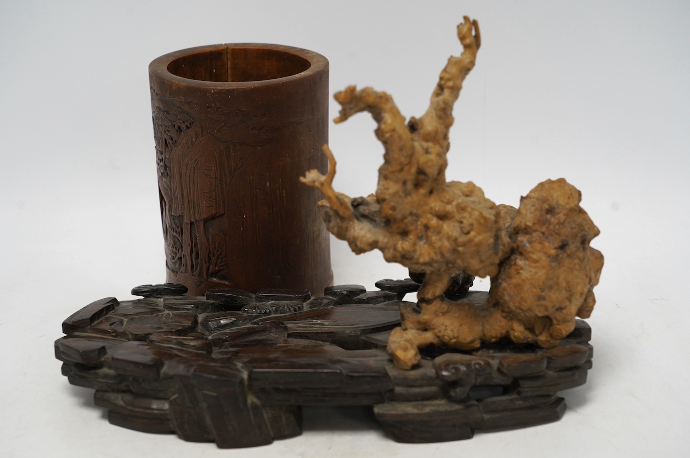 A 19th century Chinese bamboo brushpot and a rootwood and rosewood scholar's stand, root wood stand 30cm wide. Condition - some damage and repairs